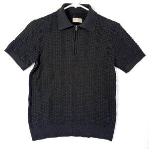 Hudson And Barrow Knitwear Zip Woven Textured Sweater Polo Mens S Black